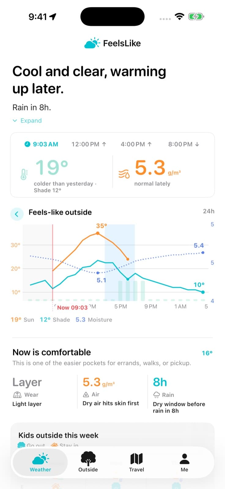 Staged FeelsLike iPhone screen showing 5.3 grams per cubic meter of air moisture beside a 24-hour feels-like chart