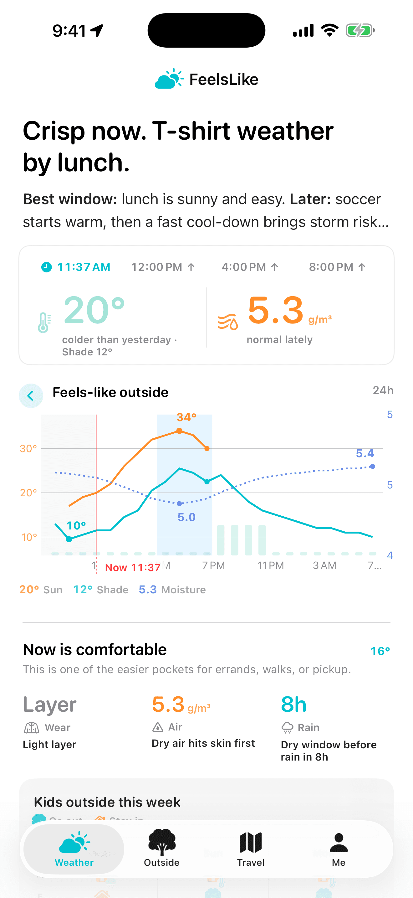 FeelsLike iPhone screen showing 5.3 grams per cubic meter of air moisture beside a 24-hour feels-like chart and personal baseline context