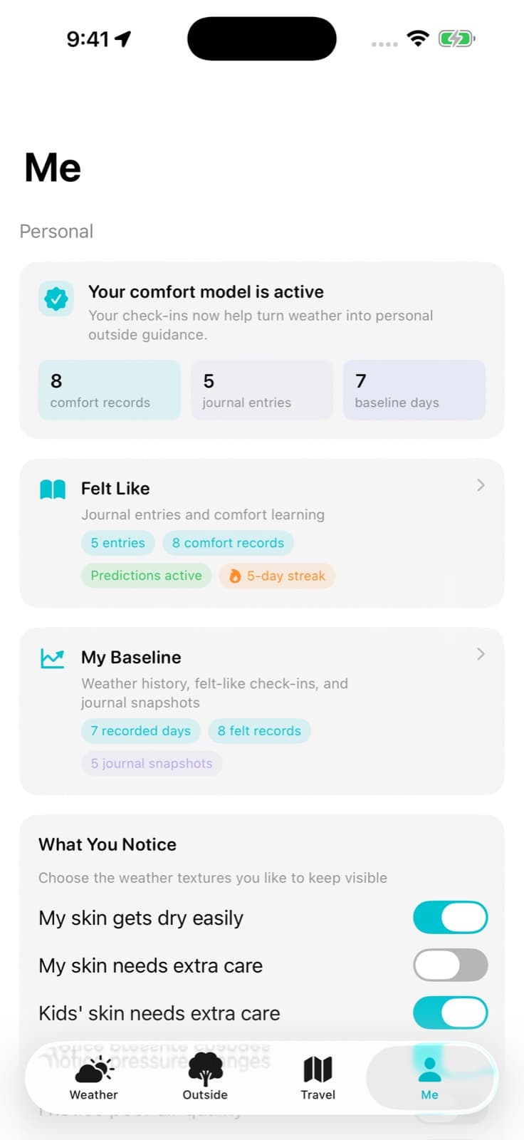 Staged FeelsLike iPhone screen showing an active comfort model with eight comfort records, five journal entries and seven baseline days